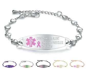 5 Colors! Oil Slick,Silver, Black Gold, Rose Lymphedema NO BP Medical Alert ID Stainless Heart Bracelet