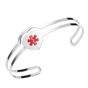 Medical Id Stainless Heart Cuff Bracelet ~ CUSTOM ENGRAVE
