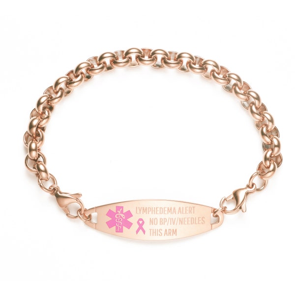 Medical ID Rose Gold Stainless Rolo Pink Symbol Lymphedema No BP IV Bracelet