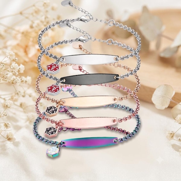 CUSTOM ENGRAVE! 5 Color Options! Stainless Steel Simple Rolo Chain & Medical Charm Bracelet