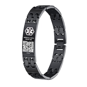 May include: A black medical alert bracelet featuring a linked chain design. The central rectangular plate displays a white Star of Life symbol, the text MEDICAL INFO SCAN ME, a QR code, and the number 117026 printed in white on a black background.