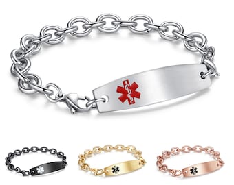 May include: Three medical alert bracelets with a chain link design. The bracelets are available in silver, gold, and rose gold. Each bracelet has a rectangular tag with a red medical symbol and a space for engraving.