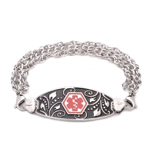 Medical ID Stainless Triple Strand Filigree Bracelet - 9 Conditions pré-gravées