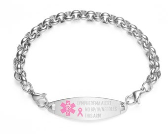 Medical ID Silver Stainless Rolo Pink Ribbon Symbol Lymphedema No BP IV Bracelet