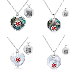 Medicinskt ID-halsband med QR-kod eller anpassa! Abalone - Pärlemor ~ 4 stilar hjärtformad oktagon