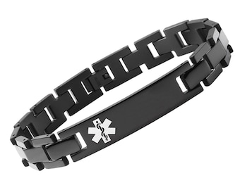 CUSTOM ENGRAVE! Black Titanium Link Unisex Bracelet With or Without Medical Id