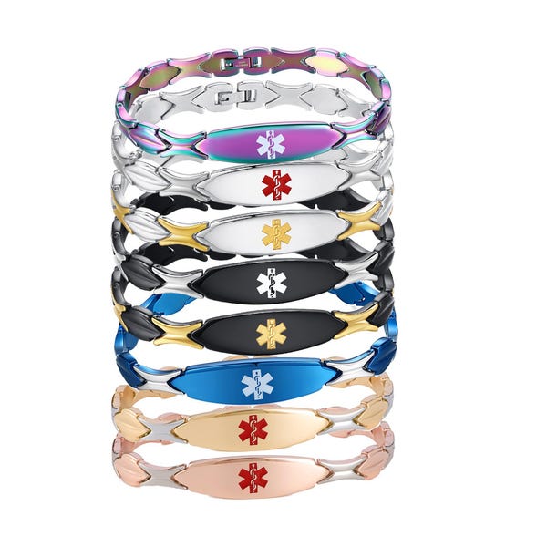 GRABADO PERSONALIZADO ~ ¡9 colores a elegir! Pulsera de identificación médica de acero inoxidable con eslabones