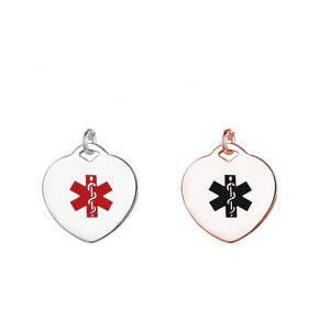CUSTOM ENGRAVE - Silver or Rose Gold Stainless Steel Medical ID Heart Charm