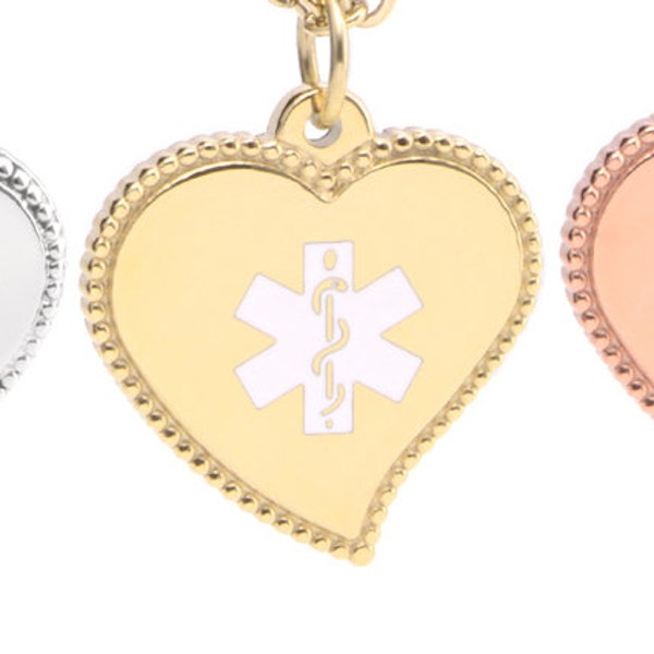 CUSTOM ENGRAVE! 3 Colors Silver, Rose Gold, Gold Stainless Steel Medical ID Heart Charm