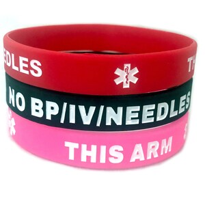 No/BP/IV Needles This Arm XL Adult Silicone Bracelets Lot of 2 (Black, Pink, or Red)