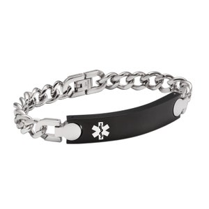 CUSTOM ENGRAVE! Unisex Stainless Steel Black Plate Link Medical Alert Id Bracelet