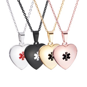 CUSTOM ENGRAVE Plump Heart Medical ID Stainless Pendant Necklace 4 Colors!