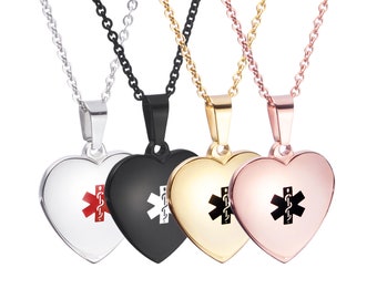 CUSTOM ENGRAVE Plump Heart Medical ID Stainless Pendant Necklace 4 Colors!