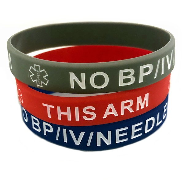 NO/BP/IV Needles This Arm Silicone Bracelets Lot of 2 or 3 (Royal, Red or Gray) 2 Sizes!