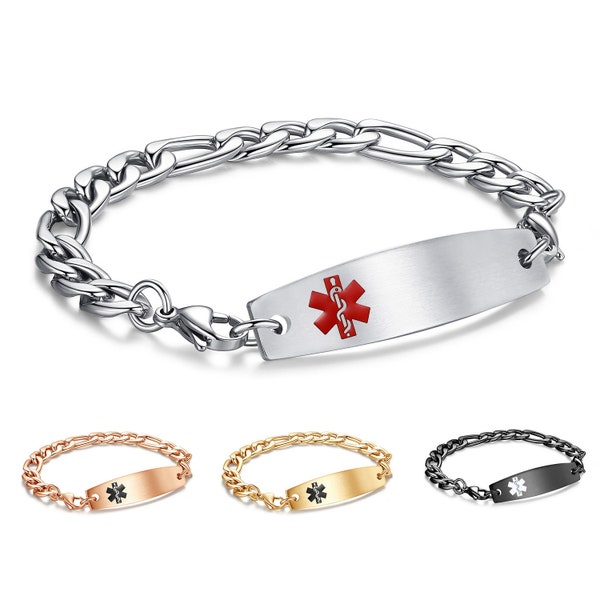 Bracelet d'identification médicale unisexe en acier inoxydable chaîne Figaro gravé personnalisé 4 couleurs