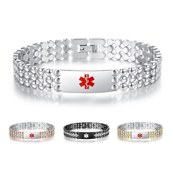 Stainless Steel Dumbell Link Medical Id Bracelet Custom Engrave 4 Color Choices!