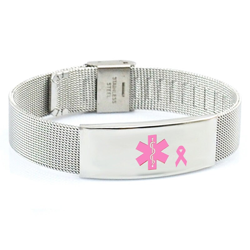 Lymphedema Alert No BP IV Medical ID Pink Ribbon Stainless Steel Mesh Bracelet