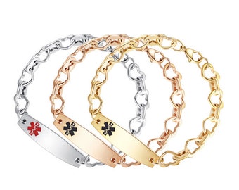 ¡GRABADO PERSONALIZADO! Pulsera de acero inoxidable con identificación de alerta médica y corazón abierto grande ~ 3 colores