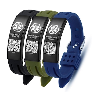 May include: Three medical alert bracelets in black, olive green, and blue. Each bracelet features a black plate with a medical symbol, QR code, and the text "MEDICAL INFO SCAN ME". The bracelets have a silicone band and a metal clasp.