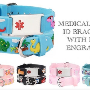 May include: Set of four colourful silicone medical alert ID bracelets with a stainless steel tag featuring a red star of life symbol. The bracelets have different designs including dinosaurs, unicorns, and stars.  MEDICAL ALERT ID BRACELETS WITH FREE ENGRAVING.