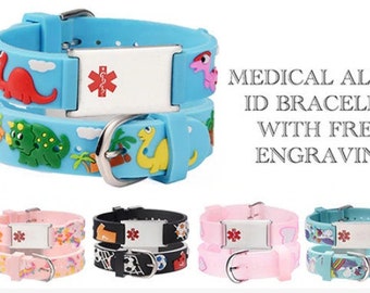 CUSTOM ENGRAVE - 8 Prints Child Girls Silicone Medical ID Bracelet