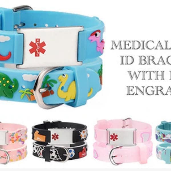 GRAVURE PERSONNALISÉE - Bracelet d'identification médicale en silicone pour enfants et filles, 8 impressions