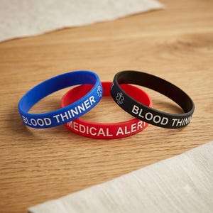 May include: Three silicone wristbands in blue, red, and black. The blue band features white text reading BLOOD THINNER. The red band displays white text reading MEDICAL ALERT. The black band shows a white Star of Life symbol and BLOOD THINNER.