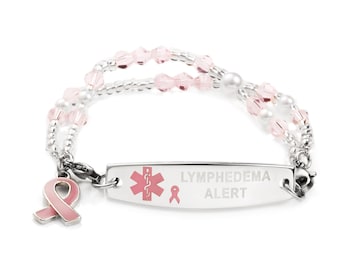 Pink Ribbon Charm Double Strand Beaded Bracelet 2 Choices - Lymphedema Or No BP IV