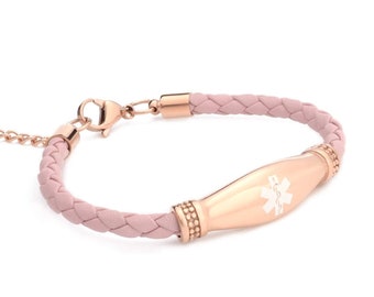 CUSTOM ENGRAVE Medical ID Rose Gold Pink or Black Leather Bracelet