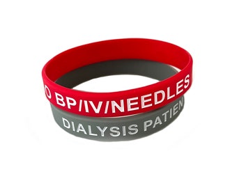 2 Sizes! Dialysis Patient No Bp/IV/Needles Silicone Bracelet Set of 2