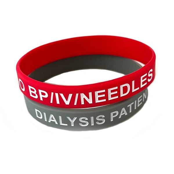 2 Sizes! Dialysis Patient No Bp/IV/Needles Silicone Bracelet Set of 2