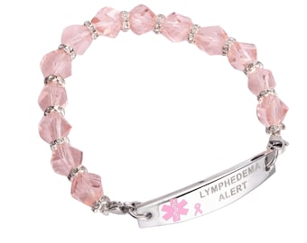 Lymphedema Or No BP IV Medical ID Pink Ribbon Beaded Stainless Bracelet