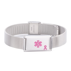 Custom Engrave! Medical ID Pink Ribbon Stainless Steel Mesh Bracelet