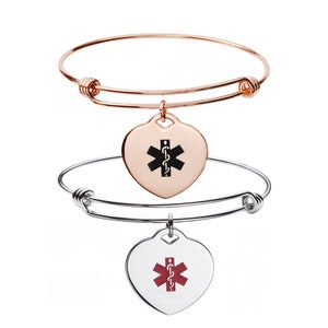 CUSTOM ENGRAVE Stainless Steel Heart Charm Bangle Medical Id Bracelet