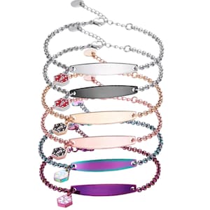 CUSTOM ENGRAVE! 6 Color Options! Stainless Steel Simple Rolo Chain & Medical Charm Bracelet