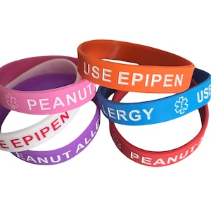 Kids/Youth Peanut Allergy Use Epipen Silicone Bracelets (Lot of 2 or 3) 6 Colors!