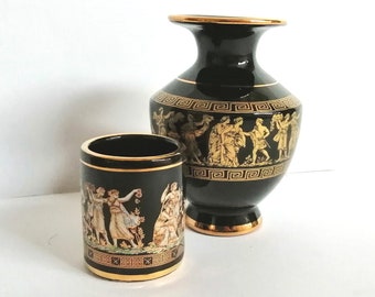 Greek handmade vintage ceramic Greek home decor Memorabilia handmade in Greece 24K gold Black gold mini Mug Vase Miniature ceramic Set