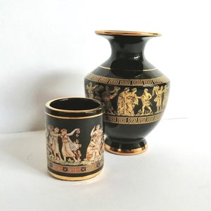 Greek handmade vintage ceramic Greek home decor Memorabilia handmade in Greece 24K gold Black gold mini Mug Vase Miniature ceramic Set