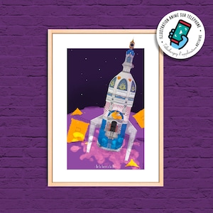 Peut inclure: Une illustration aquarelle d'un bâtiment en forme de fusée décollant d'une planète. Le bâtiment est blanc avec des accents bleus et dorés. La planète est rose et orange. Le texte "De la terre a la lune" est écrit en bas de l'image.