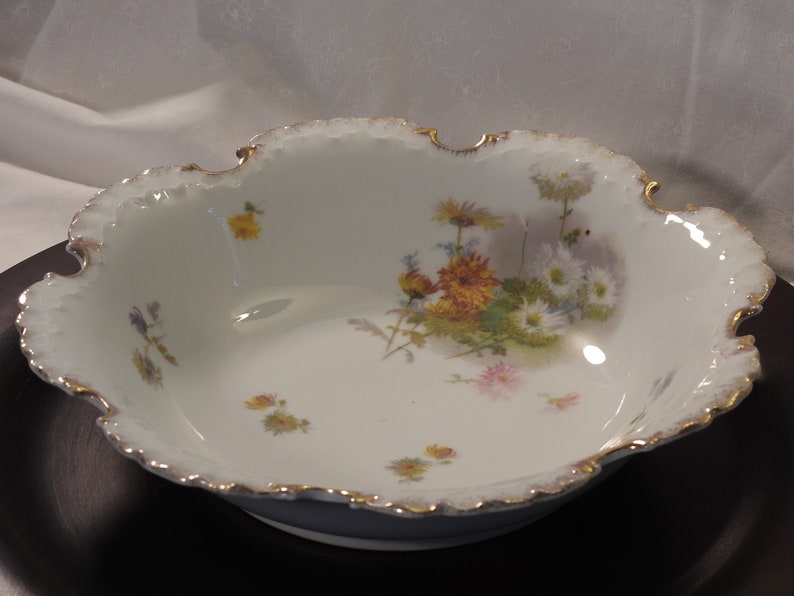 Ornate Rosenthal Monbijou Bavaria Floral Center Bowl With Ornate Double ScallopedRuffled Gold Trim Rim Hand Painted Bavaria Bowl