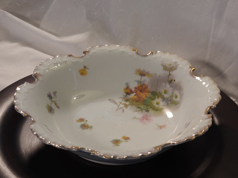 Ornate Rosenthal Monbijou Bavaria Floral Center Bowl With Ornate Double ScallopedRuffled Gold Trim Rim Hand Painted Bavaria Bowl