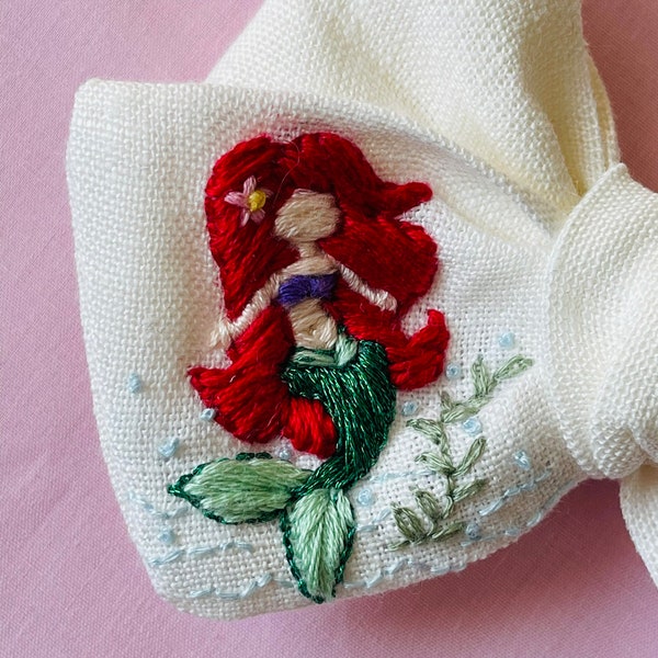 Little mermaid Bows/Custom Bows/Ariel embroidery Bow/Handmade embroidery