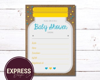 DESCARGA INSTANTE Tarro de masón imprimible y rellenable, estrellas azules y amarillas, Kraft, invitaciones de baby shower de género neutro