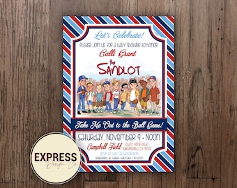 May include: Baseball-themed baby shower invitation with a red, white, and blue striped border. The invitation features an illustration of children in baseball uniforms and the text "Let's Celebrate!" and "Take Me Out to the Ball Game!"