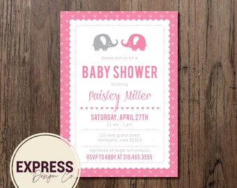 CUSTOMIZED Pink and Gray Elephant Heart Baby Shower Invitation