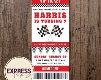 CUSTOMIZED Checker, Red, Racing Ticket Birthday Party Invitation FREE SHIPPING