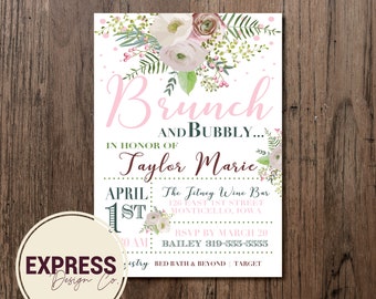 CUSTOMIZED Brunch & Bubbly Floral, Green and Pink, Bridal Shower Invitation