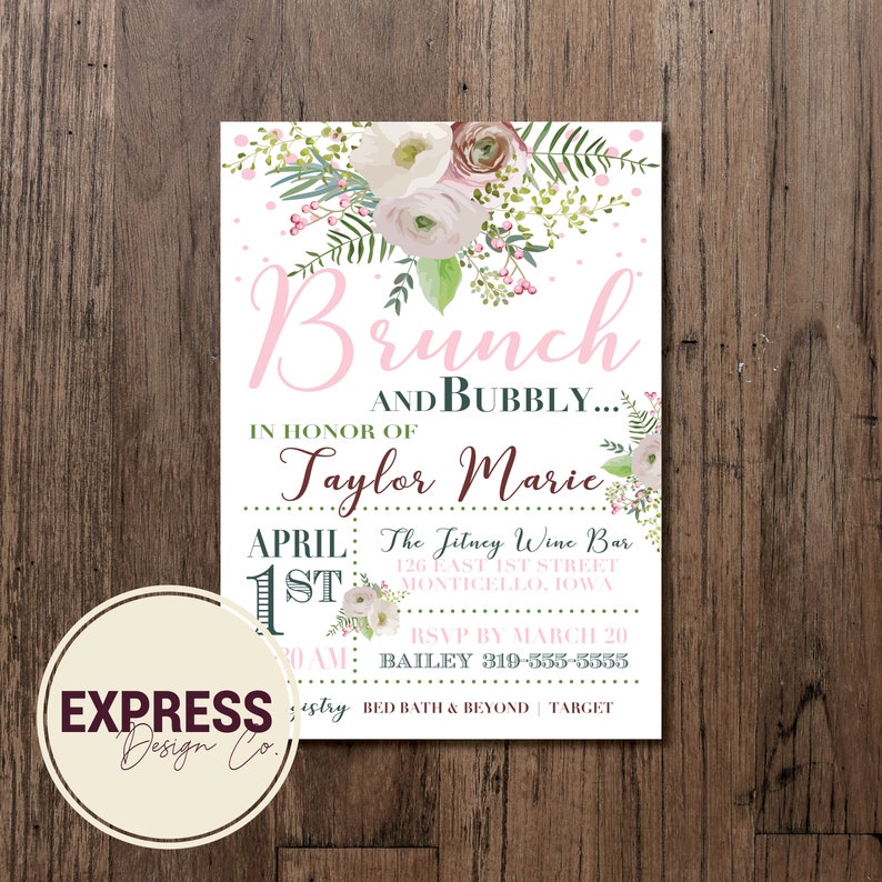 CUSTOMIZED Brunch & Bubbly Floral, Green and Pink, Bridal Shower Invitation image 1