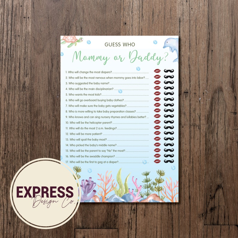 INSTANT DOWNLOAD Guess Who Mommy or Daddy Under the Sea Baby Shower Party Game image 1