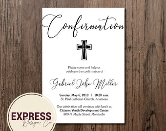 May include: White card with black text announcing a Confirmation for Gabriel John Miller. The event will take place on Sunday, May 6, 2019 at 10:30 a.m. at St. Paul Lutheran Church in Anamosa. The celebration will continue with lunch at the Citizens Youth Development Center at 800 N. Maple Street, Monticello.